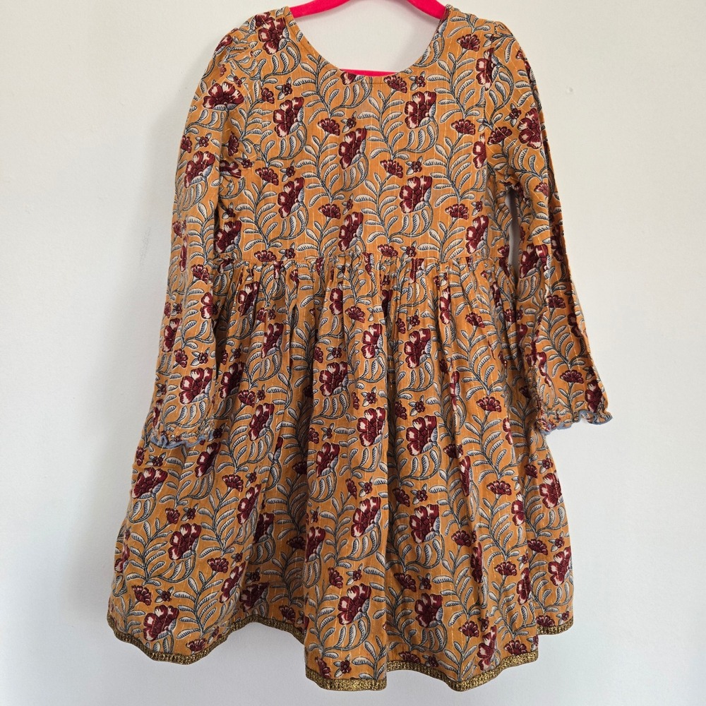 Pink Chicken Girls Mustard Floral Block Print Lurex Trim Dress 7Y